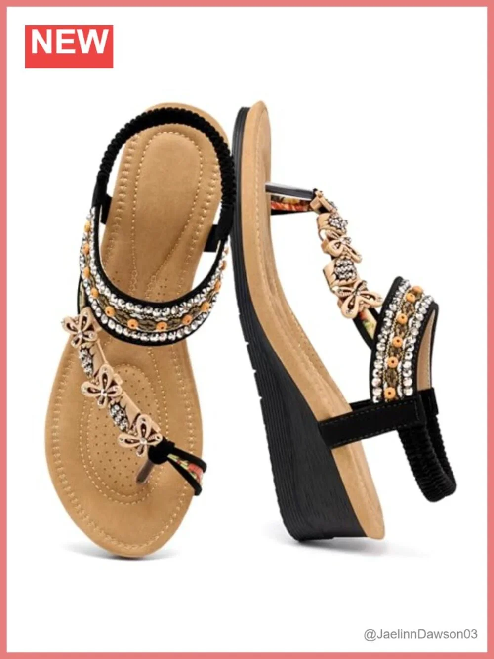 Women's Beaded Wedge Sandals with Ankle Strap, Non-Slip Sole, Breathable Insole
